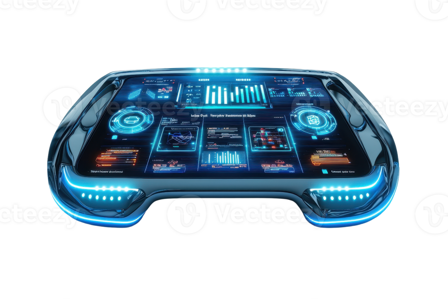 A futuristic digital interface with glowing elements and interactive features, displaying various data and analytics. png