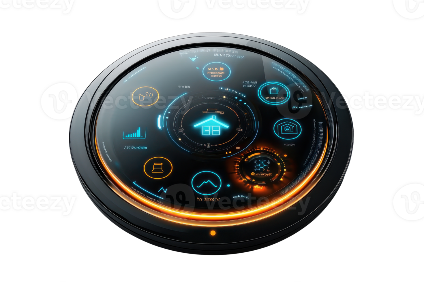 A sleek, futuristic control panel featuring illuminated icons and a circular design with vibrant colors. png