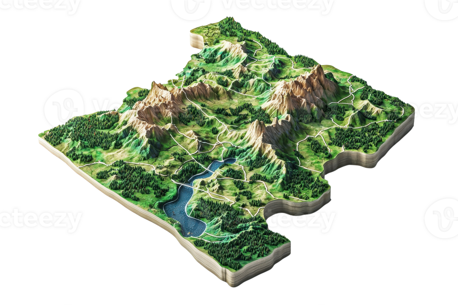 A detailed, three-dimensional model of a mountainous terrain featuring lush forests and a meandering river. png