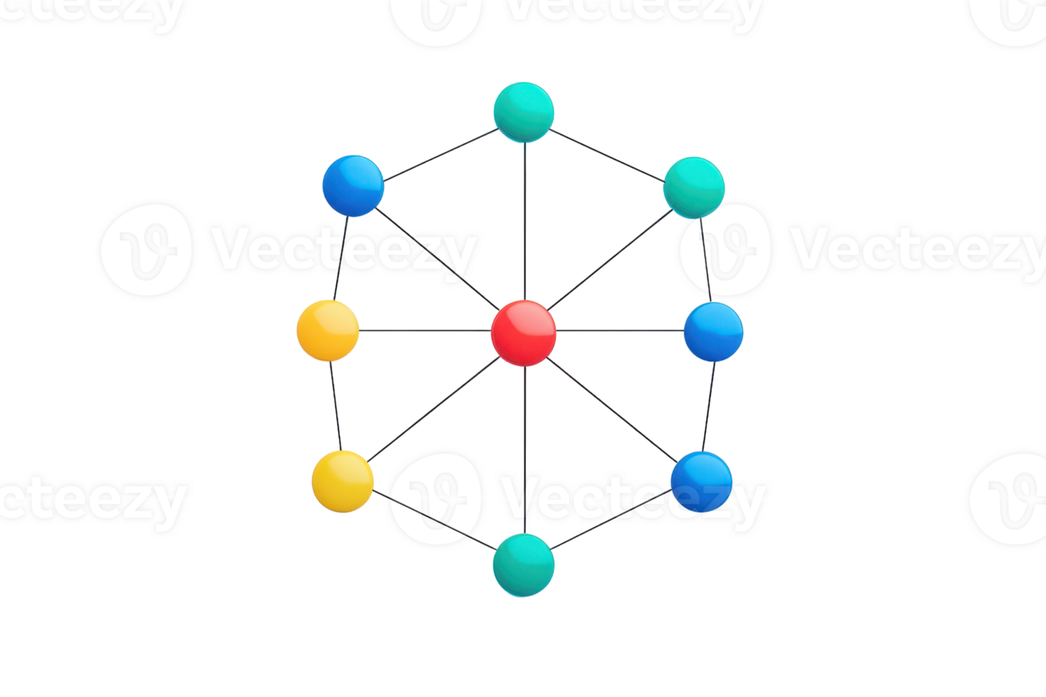 A circular arrangement of colored spheres connected by lines, with a central red sphere surrounded by blue, green, and yellow spheres. png