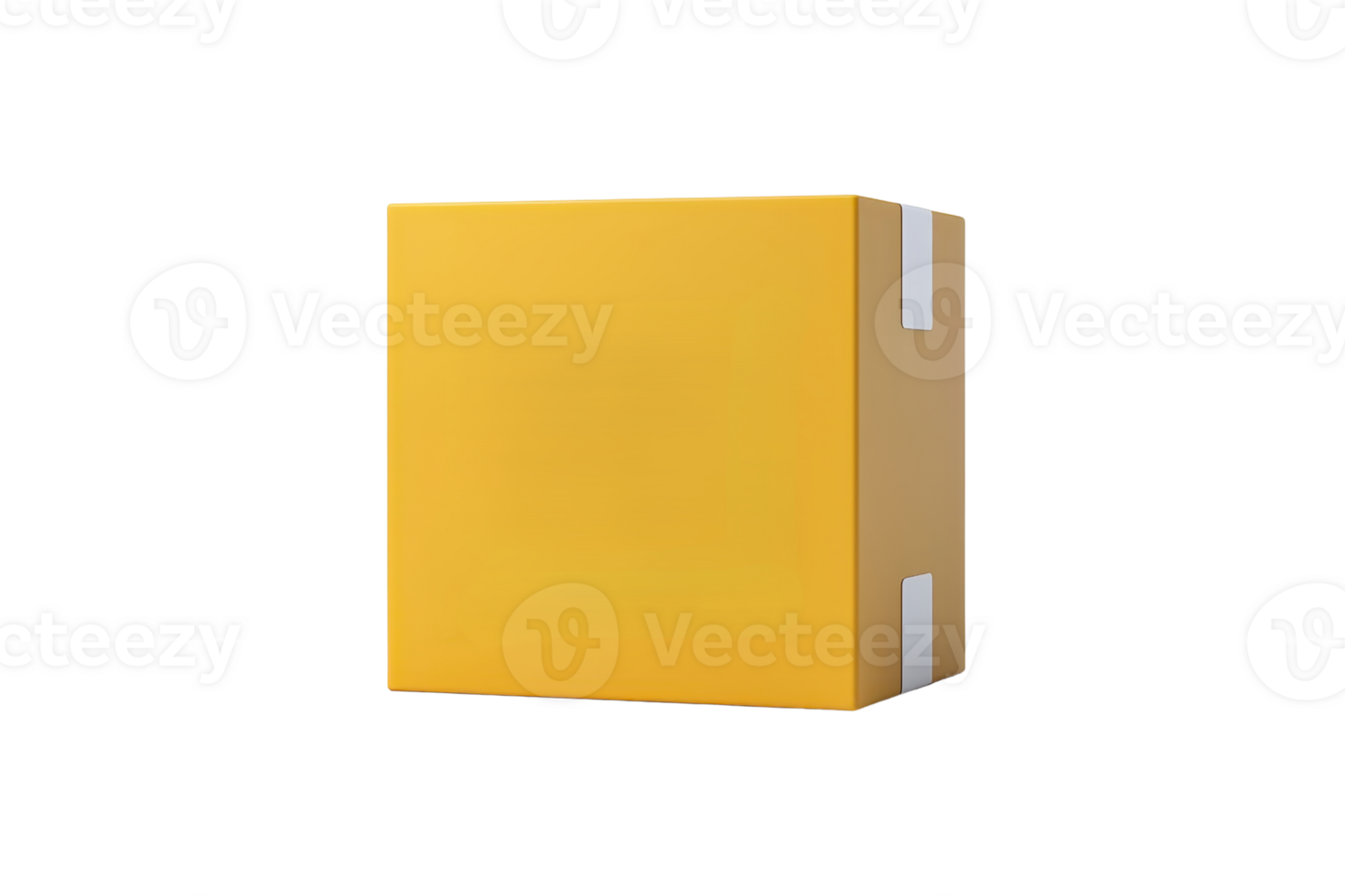 A yellow cardboard box with a smooth surface and white labels on two sides. png