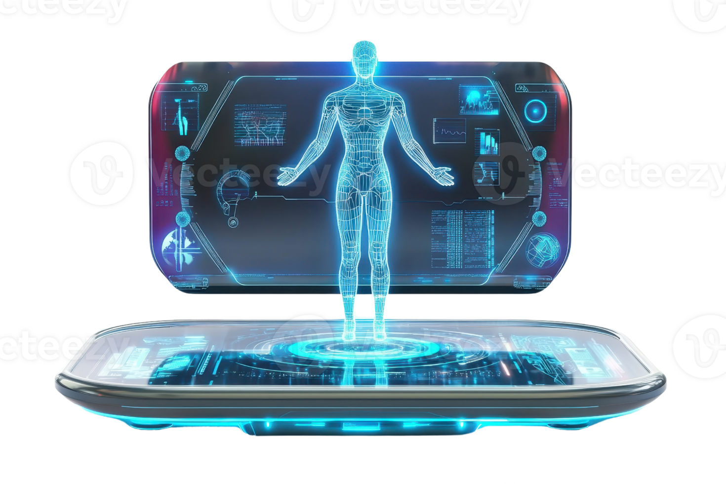 A holographic figure stands on a futuristic platform, displaying digital interface elements and glowing technology. png