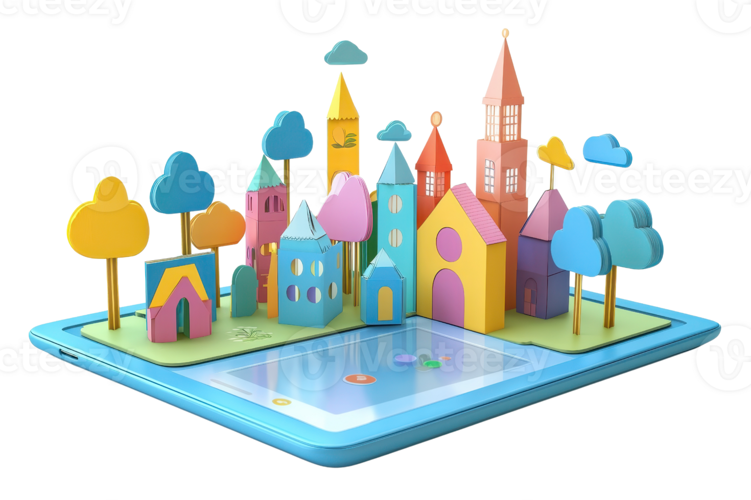 A colorful miniature cityscape featuring whimsical buildings and trees, presented on a smartphone screen. png