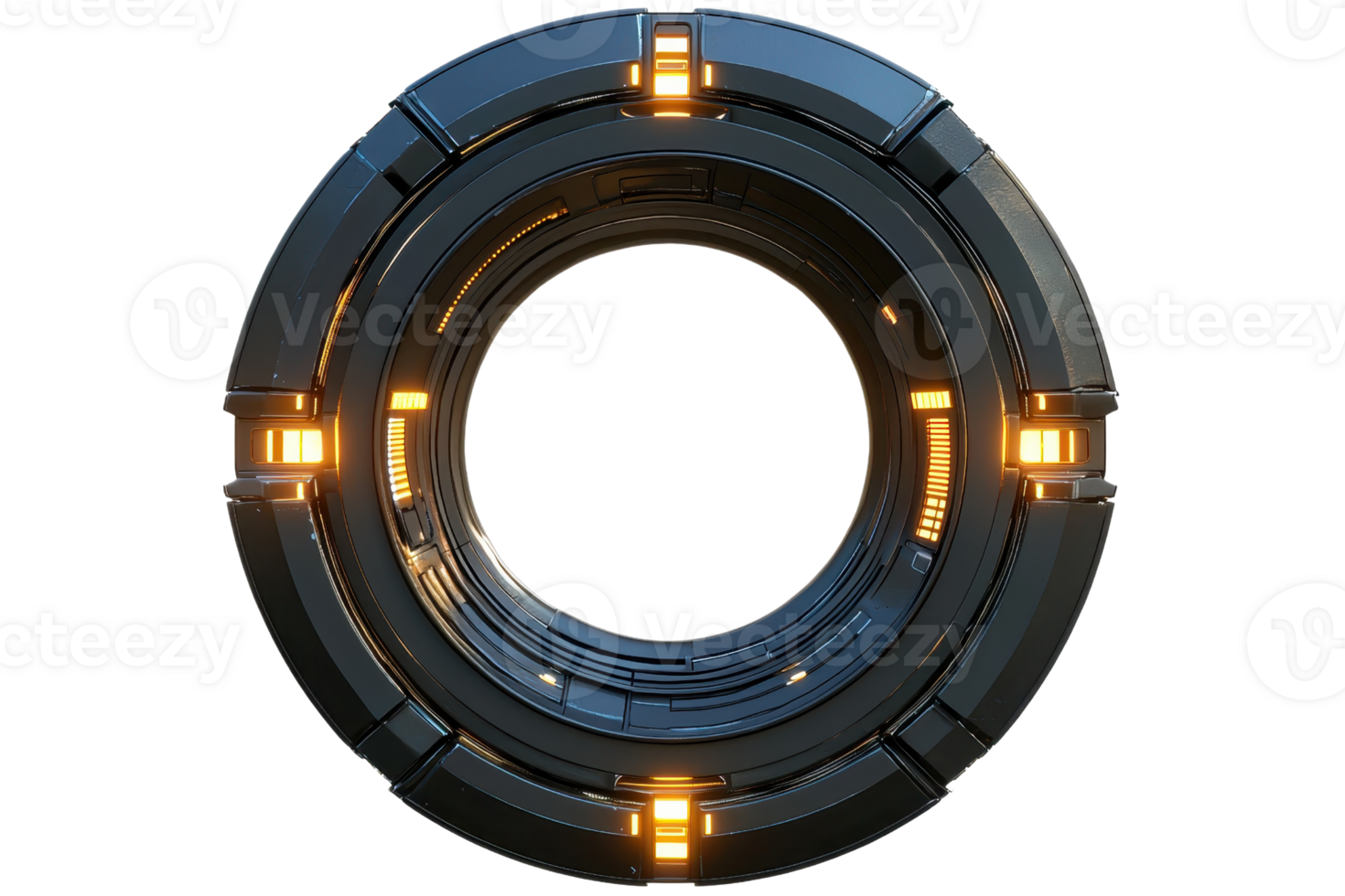 A circular, futuristic device featuring glowing elements and a sleek design, emphasizing advanced technology and structural detail. png