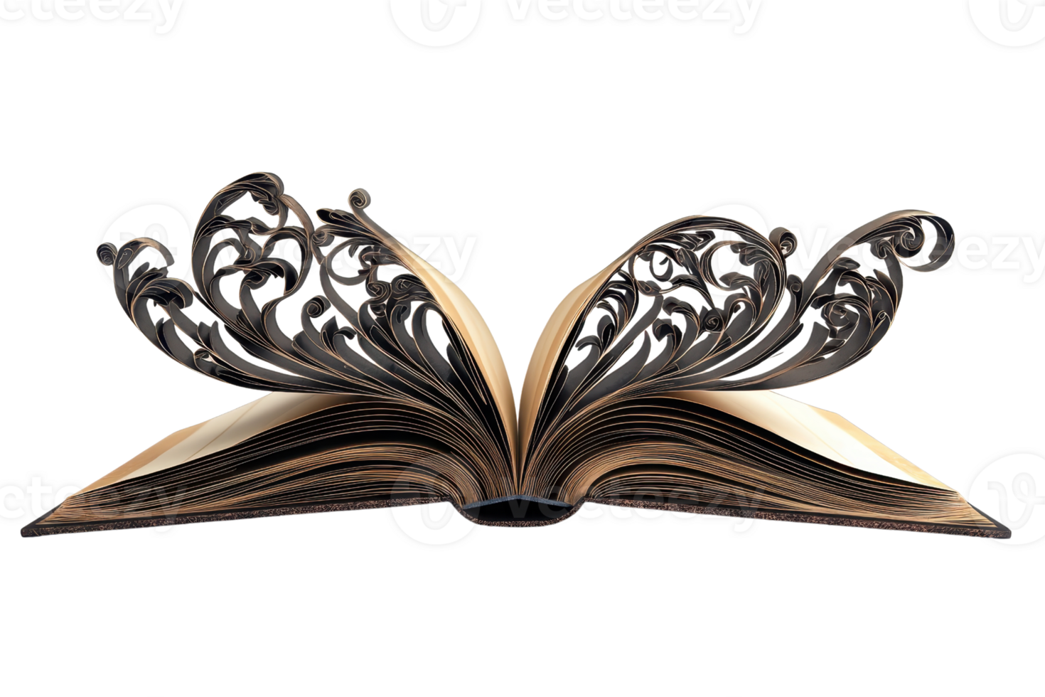 An intricately designed open book with flowing, ornate pages that appear to bloom outward, showcasing creativity and imagination. png
