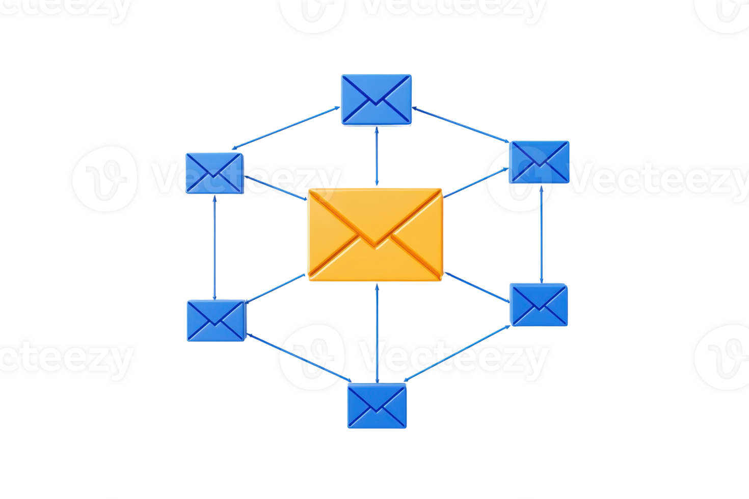An illustration of interconnected email icons, featuring a central yellow envelope surrounded by blue envelopes representing communication networks. png