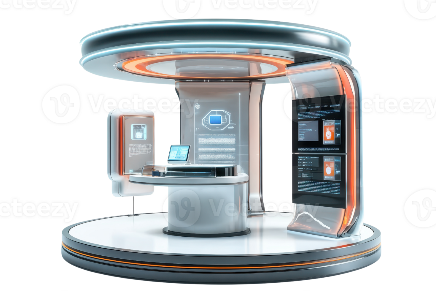 A futuristic workstation with sleek design, featuring a circular layout, digital screens, and integrated technology for an advanced user experience. png
