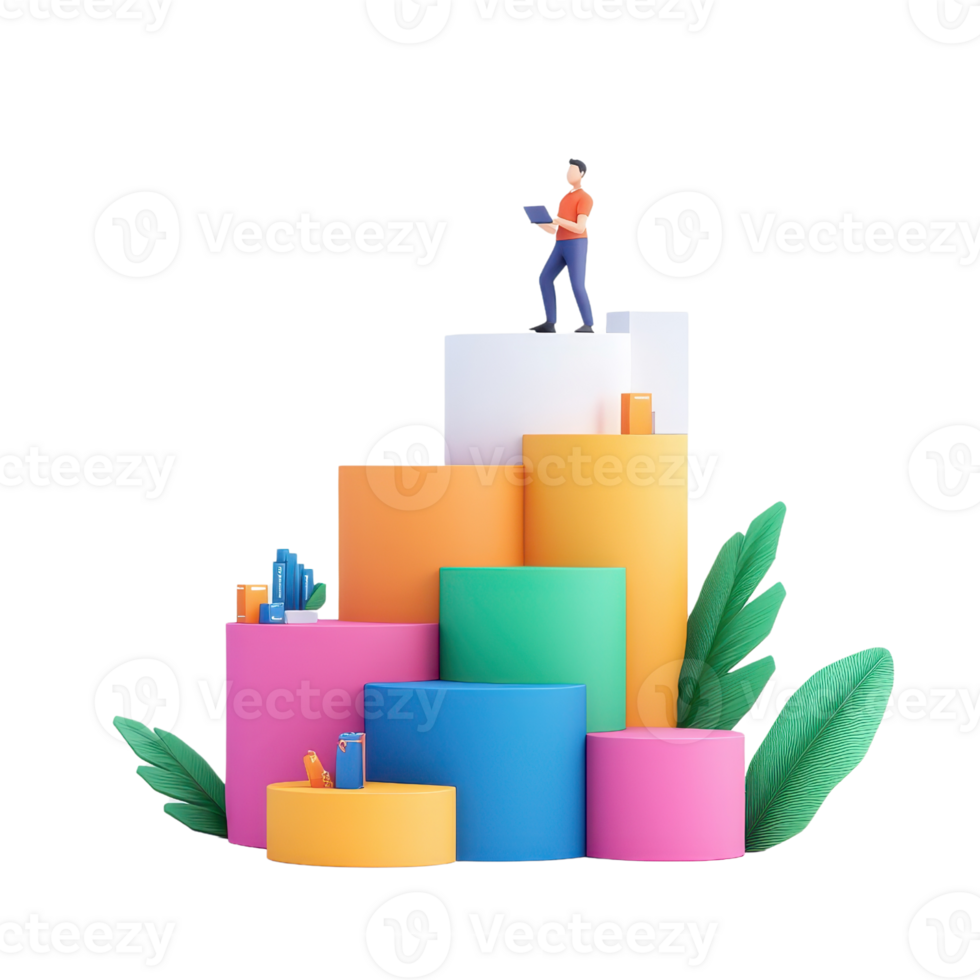 A colorful arrangement of geometric shapes with a figure standing atop, symbolizing achievement and progress. png