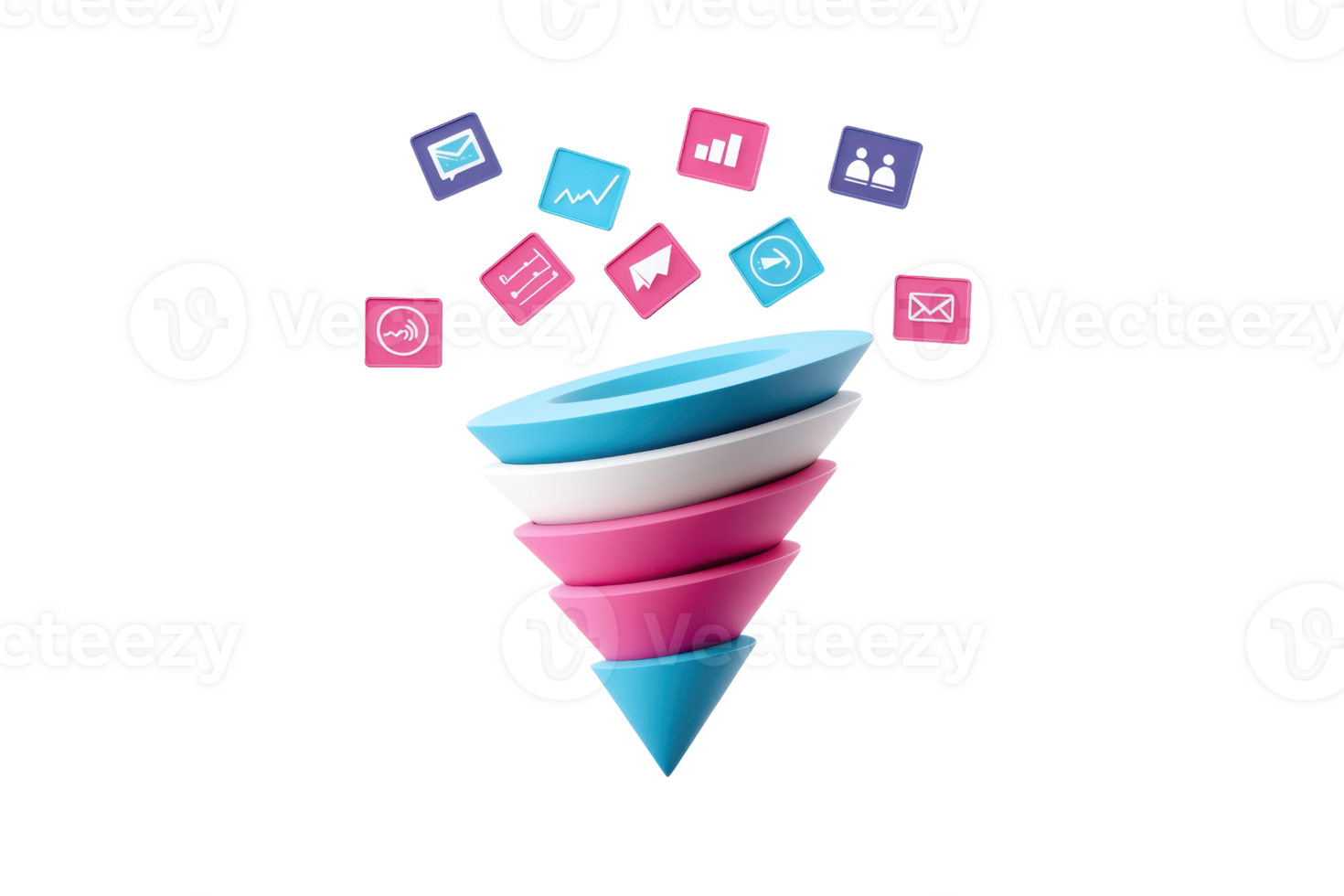 A colorful funnel with layered segments, surrounded by various icons representing data and analytics. png