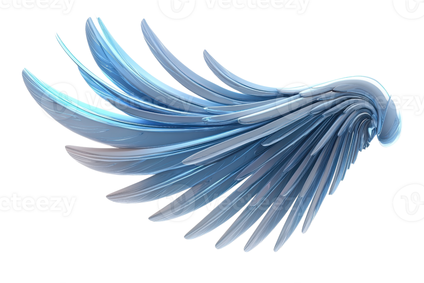 A stylized, blue feathered wing with elongated, graceful features showcasing intricate details and smooth contours. png