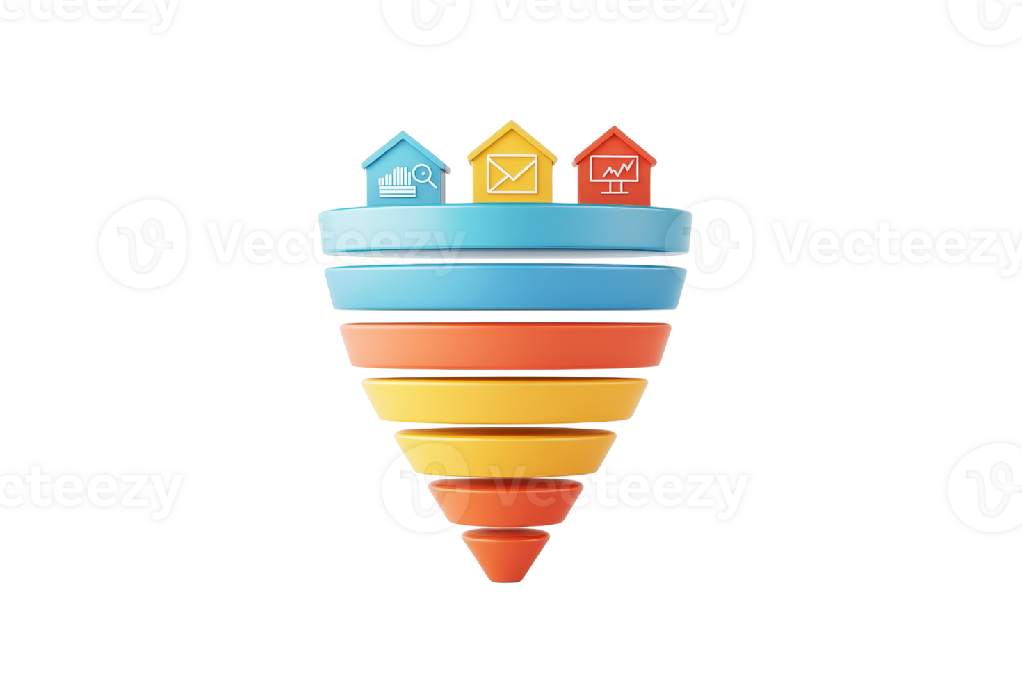 A colorful funnel shape featuring three small houses on top, symbolizing a structured approach to housing or real estate. png
