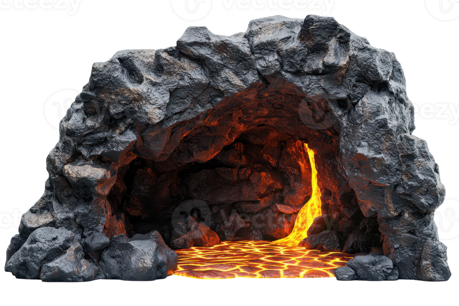 A rocky cave with glowing lava flowing from within, creating a striking contrast of dark stone and bright molten colors. png