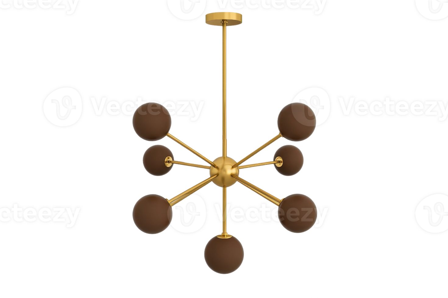 A modern chandelier with a gold finish, featuring multiple arms extending outwards, each holding a round light fixture. png