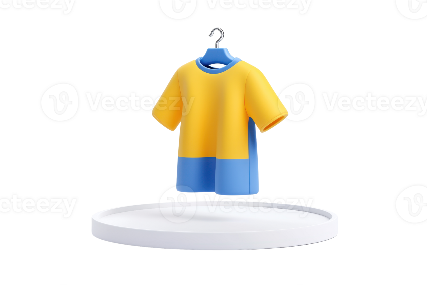 A vibrant, two-toned shirt displayed on a hanger, featuring a yellow upper half and a blue lower half. png