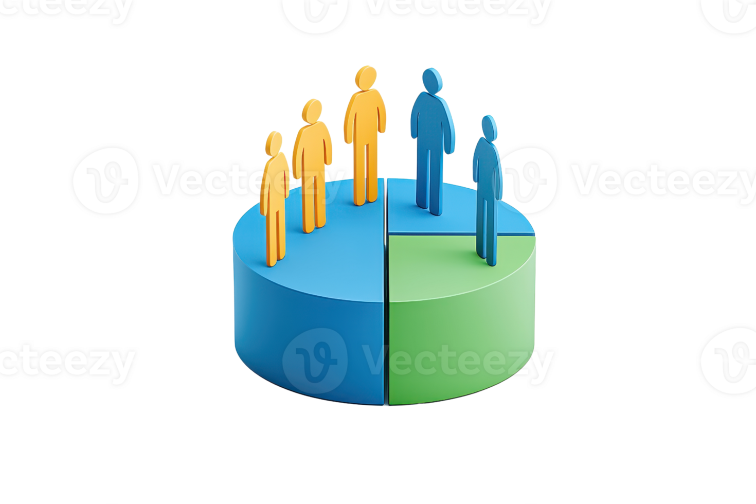 A circular chart with three sections, featuring stylized figures in blue and yellow representing data or demographics. png