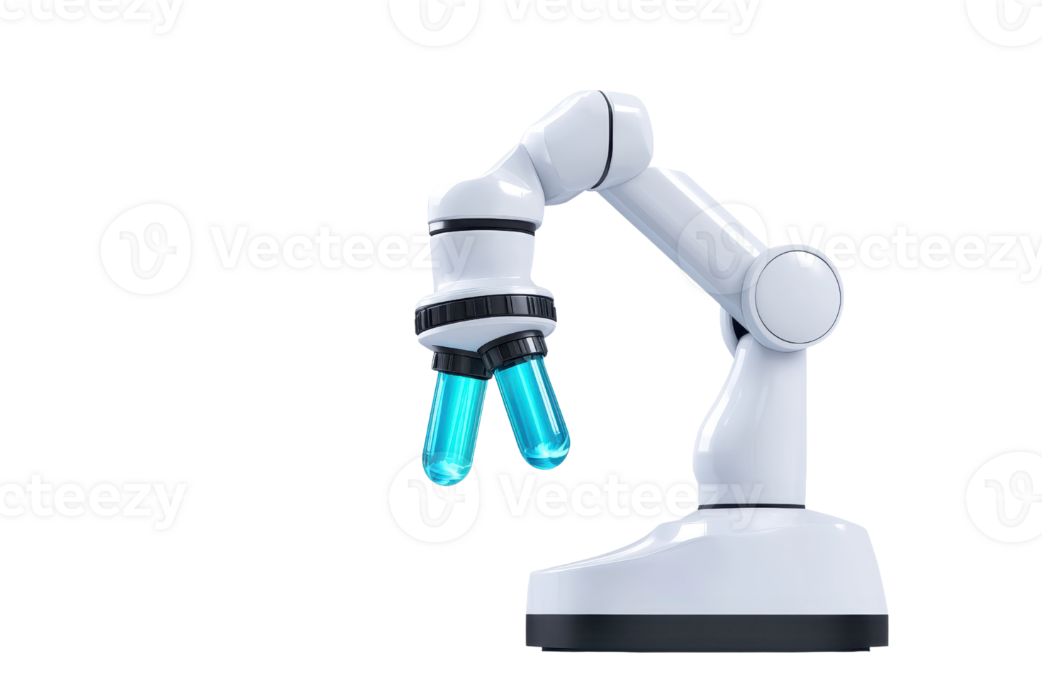 A robotic arm holding two blue test tubes, showcasing advanced technology and precision in a laboratory-like setting. png