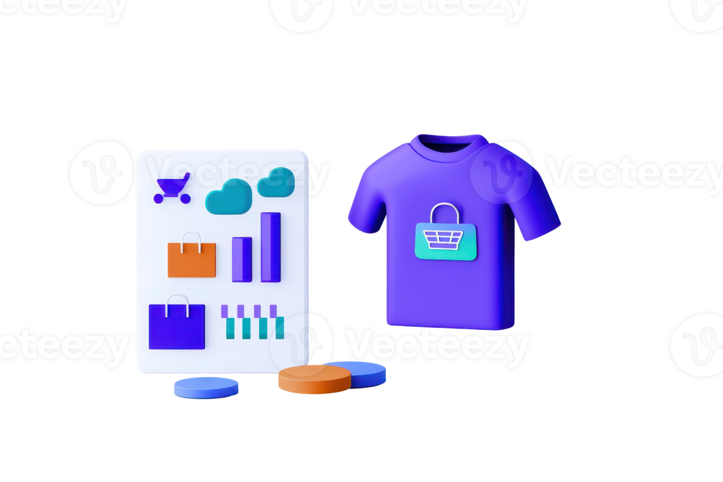 A colorful t-shirt and a data visualization chart showcasing various e-commerce metrics. png