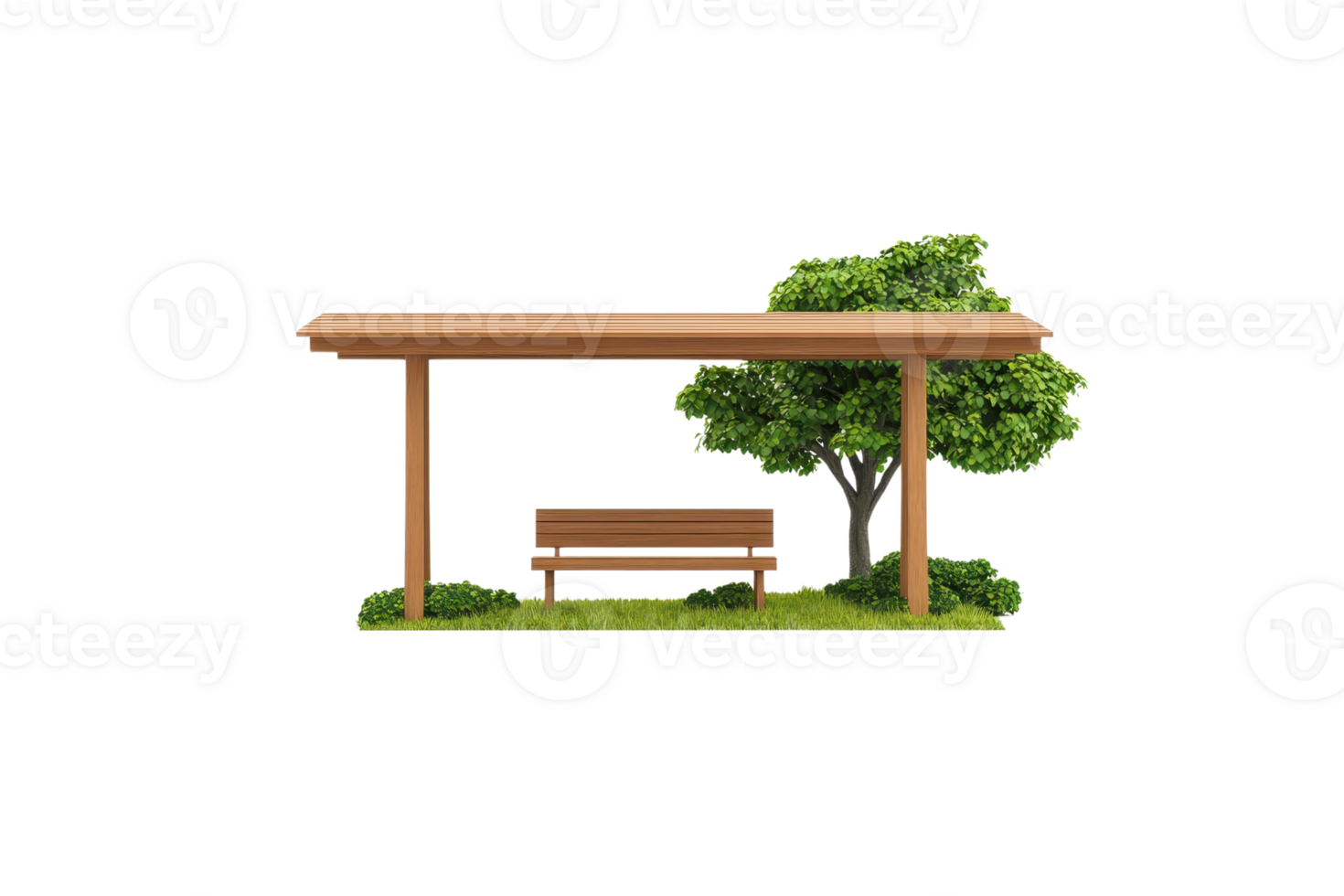 A wooden bench sheltered under a roof with a nearby green tree, set on grassy ground. png