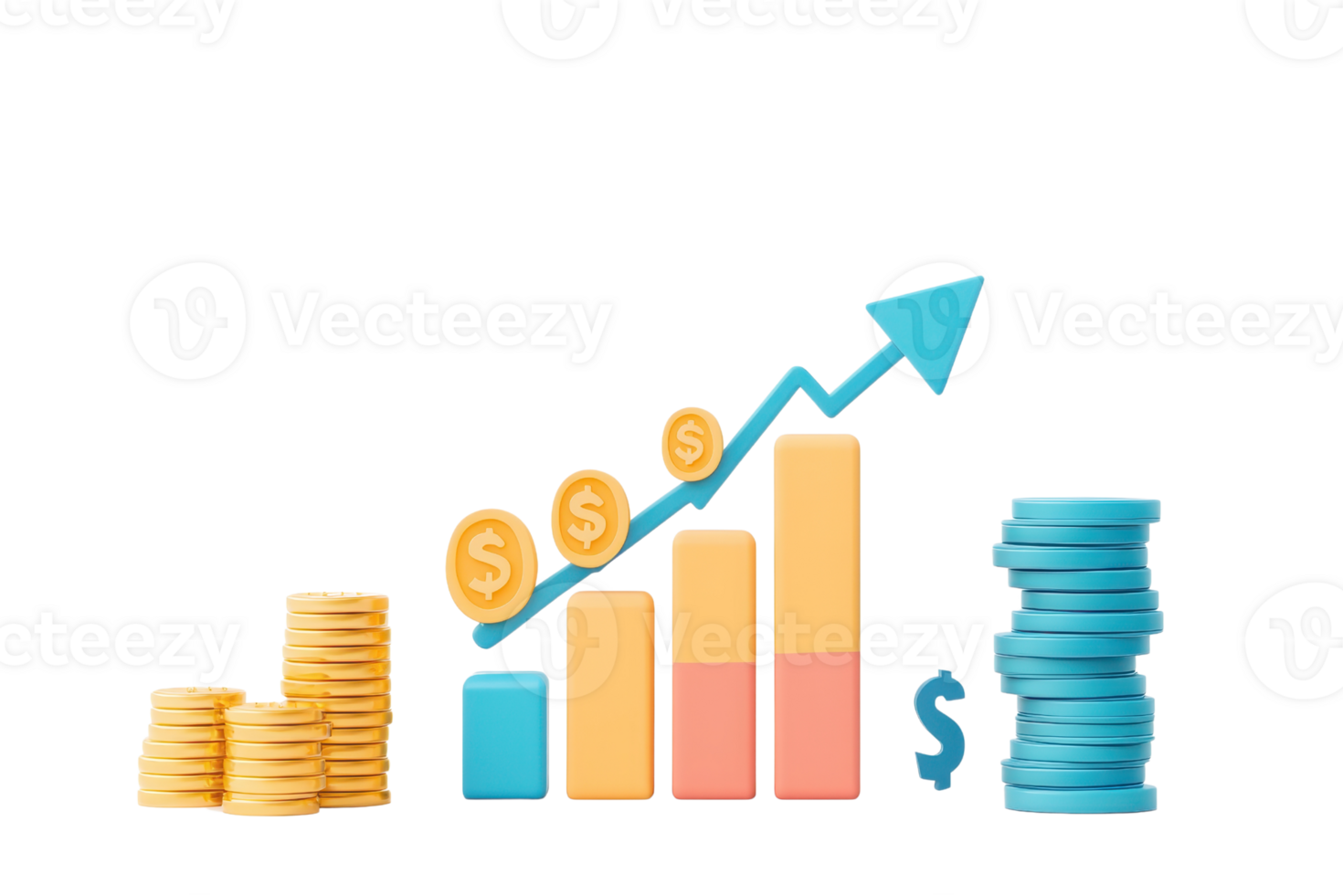A colorful representation of financial growth, featuring stacked coins, bar graphs, and a rising arrow indicating an upward trend. png