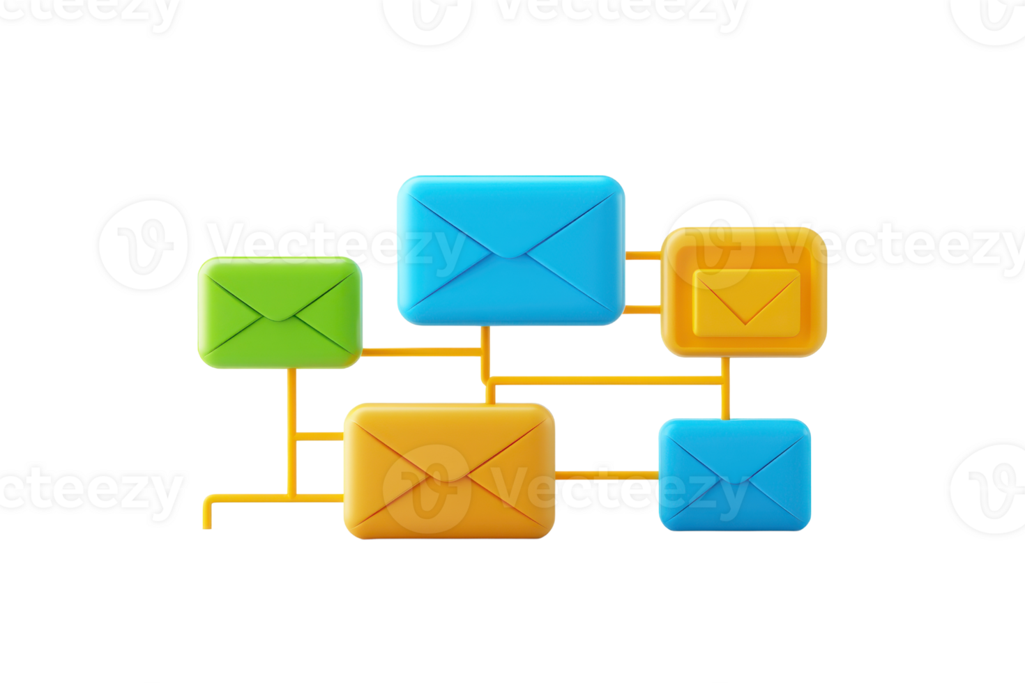 Colorful envelopes arranged in a network, representing communication or messaging. png