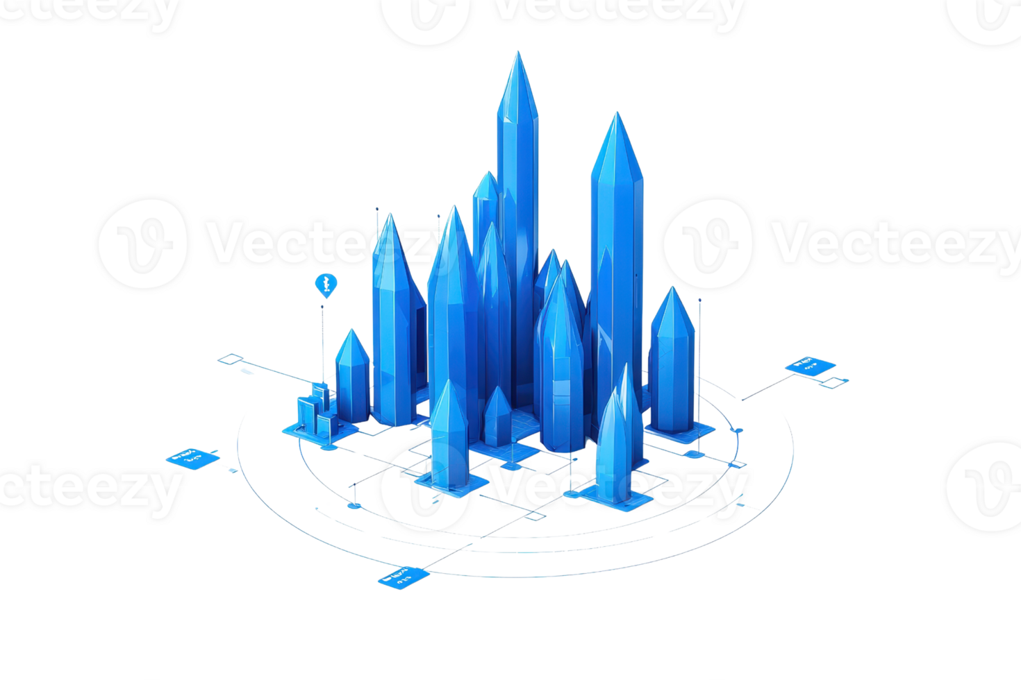 un' grappolo di blu cristallino strutture con variando altezza, disposte nel un astratto, geometrico formazione su un' circolare base. png