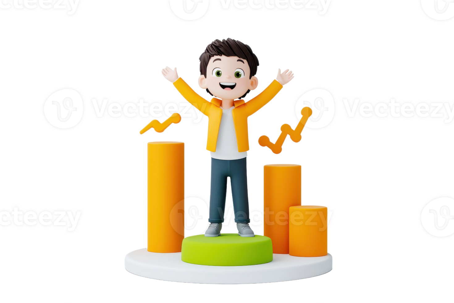 A cheerful cartoon character in a yellow jacket stands on a green platform, surrounded by colorful bar graphs, expressing excitement and achievement. png