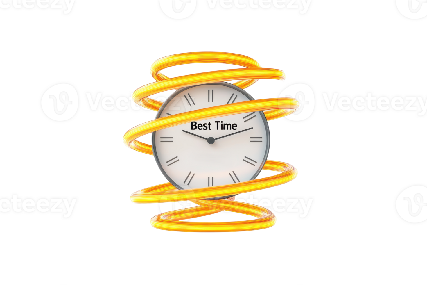 A clock surrounded by a spiraling yellow design, featuring the phrase Best Time on its face, symbolizing creativity and time management. png