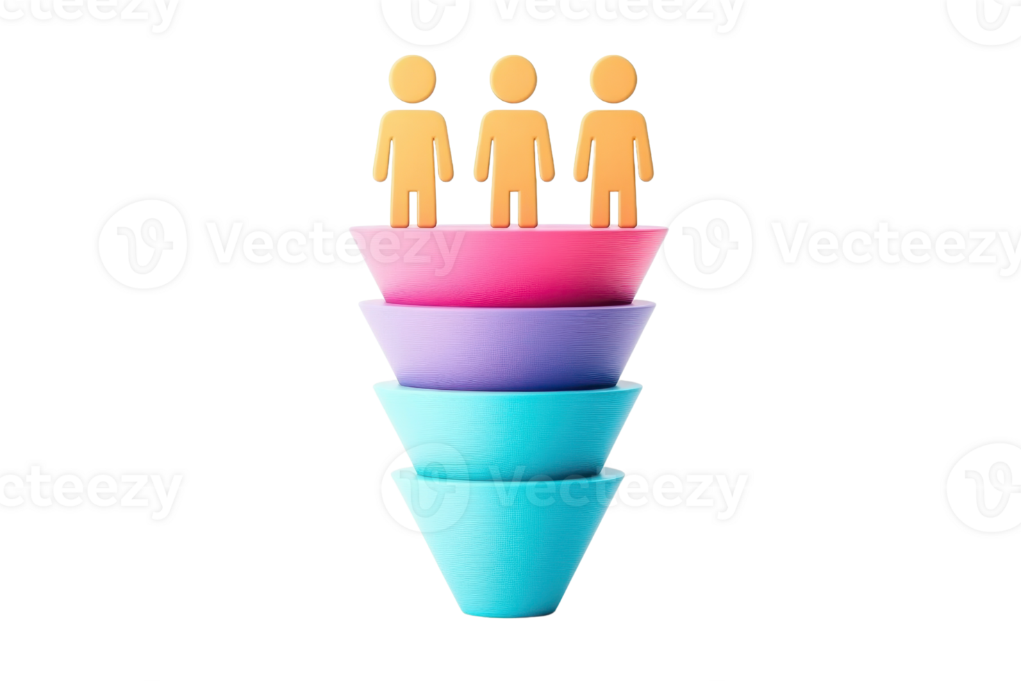 Three stylized figures stand atop a series of colorful, layered cones, symbolizing a hierarchy or funnel of people. png