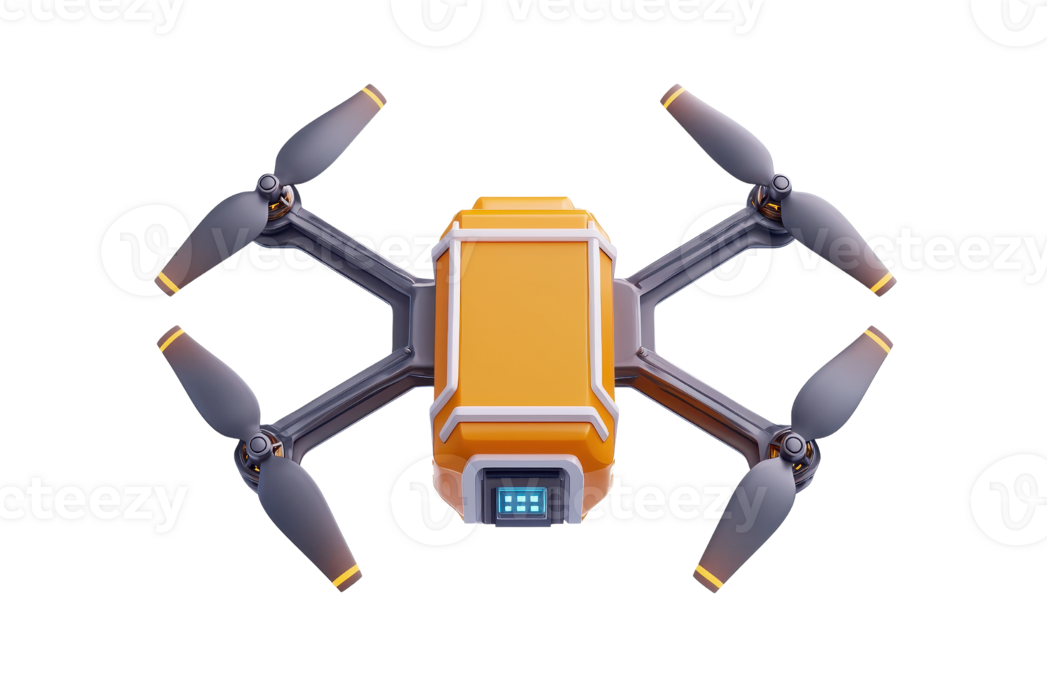 A sleek, orange drone featuring four propellers and a digital display, designed for aerial tasks and modern technology applications. png