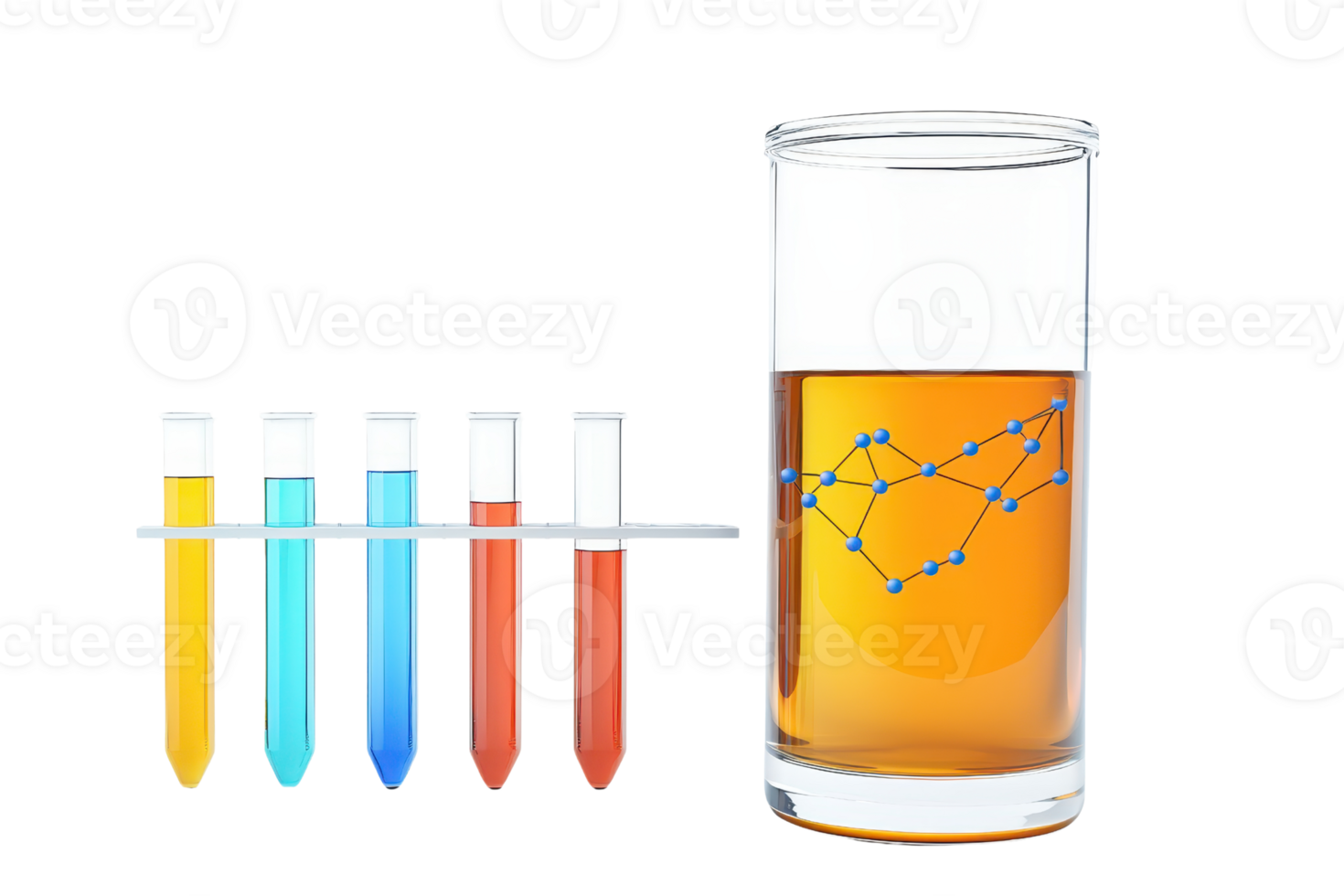 A collection of colorful test tubes next to a glass of beverage featuring a constellation design. png
