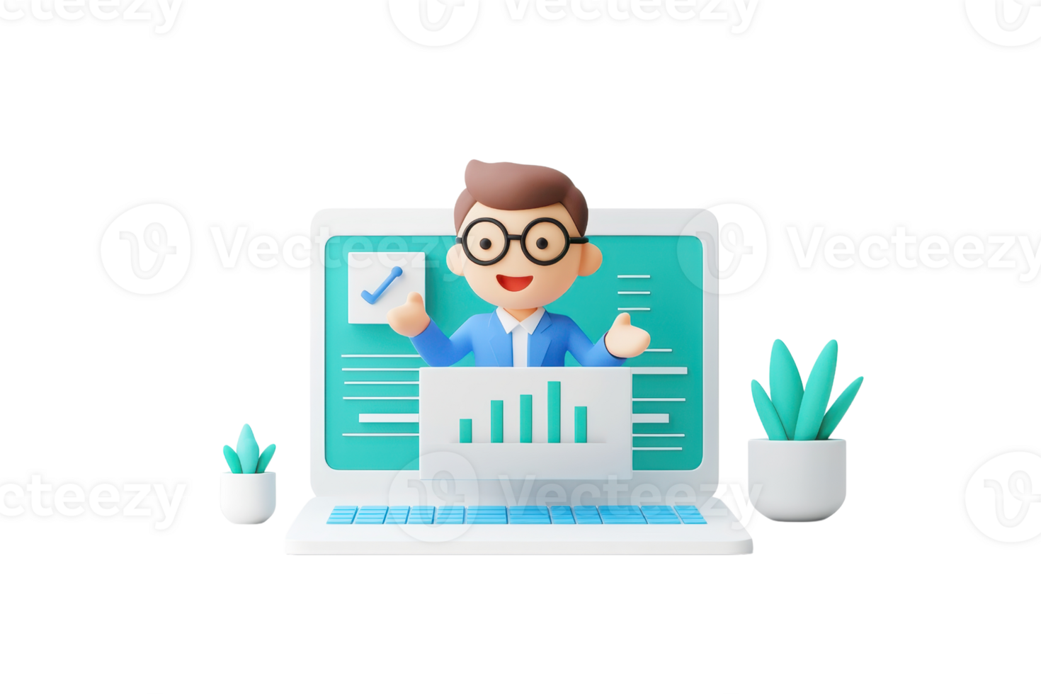 A cheerful character with glasses presents data on a laptop, showcasing a chart and surrounded by plants. png