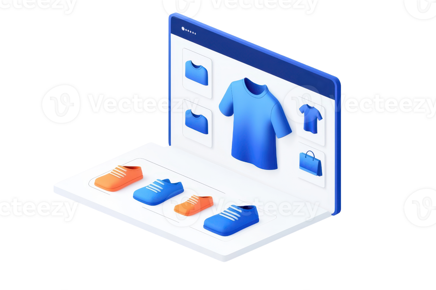 A digital display featuring clothing items, including a blue shirt and various shoes, designed for an online shopping experience. png