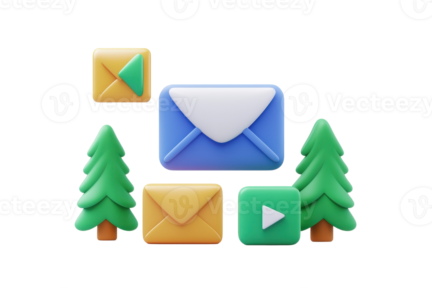 A colorful collection of stylized icons depicting envelopes, a play button, and trees, representing communication and nature. png