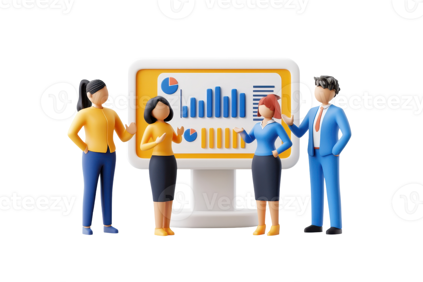 A team of four professionals discussing data trends displayed on a computer screen. png