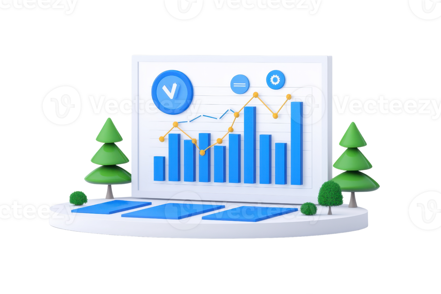A colorful data visualization featuring bar graphs, line charts, and icons, set in a stylized environment with trees. png