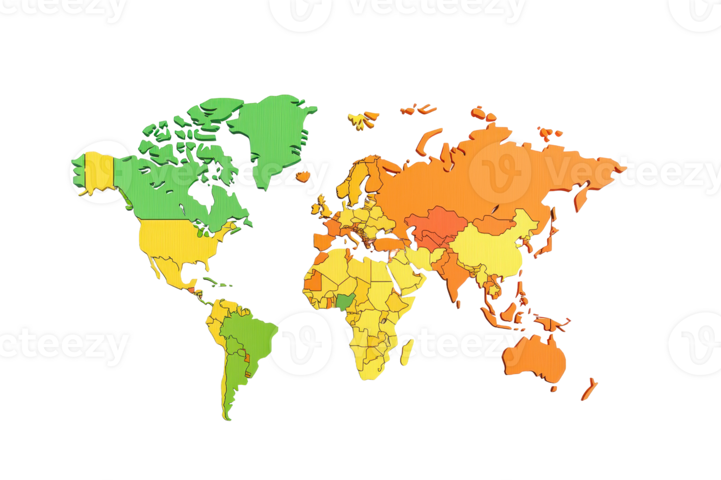 A colorful world map highlighting different regions with various shades representing distinct geographical areas. png