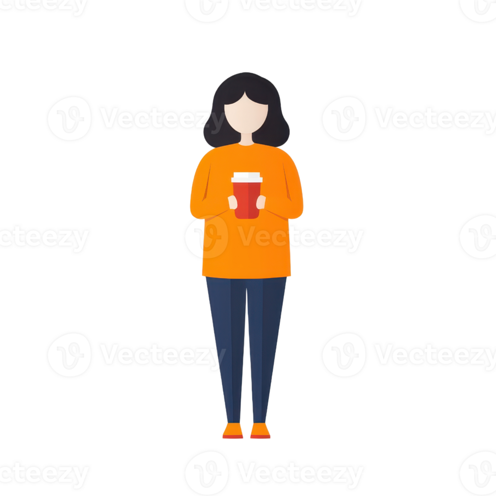 A person holding a cup, wearing an orange top and blue pants, standing in a simple, stylized representation. png