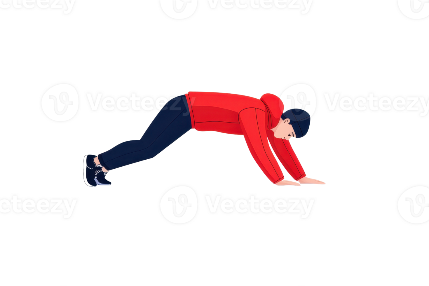 A person in a red jacket performs a push-up exercise, demonstrating strength and fitness. png