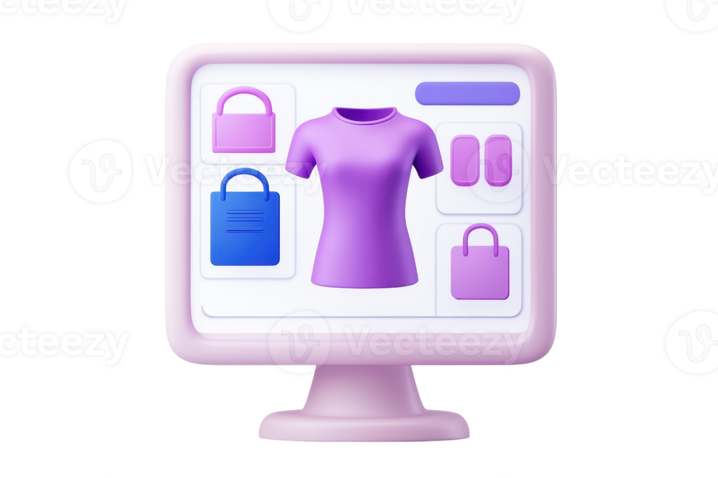 A computer monitor displaying an online shopping interface featuring clothing and accessories in vibrant colors. png