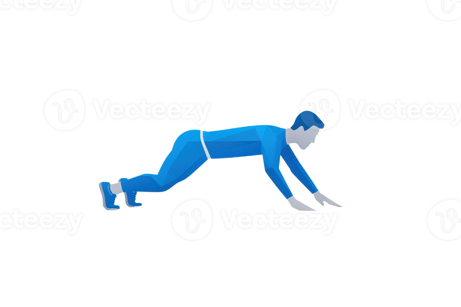 A blue figure performing a push-up exercise, showcasing strength and fitness in a dynamic posture. png