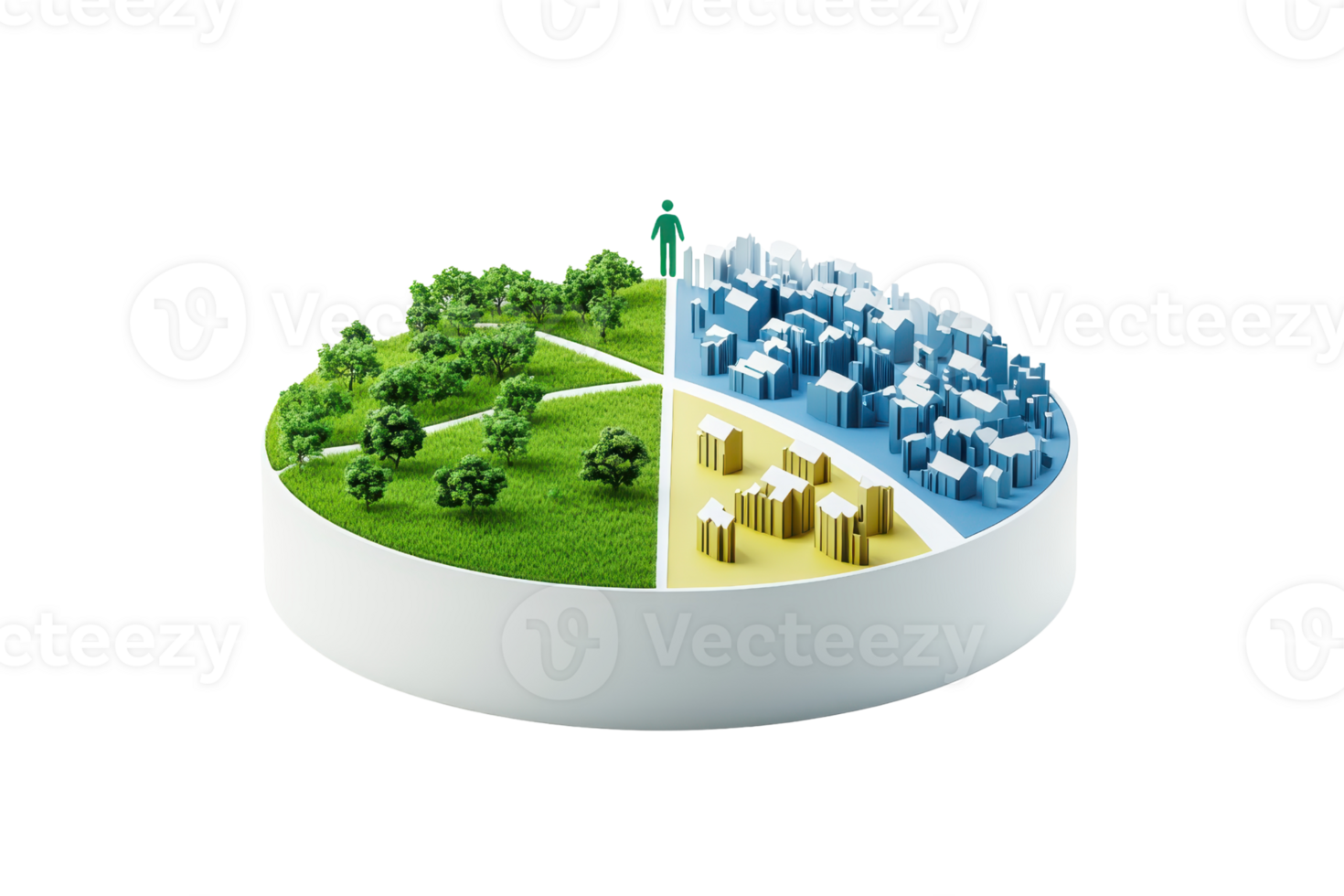 A circular model depicting a division of green landscapes, urban areas, and structures, symbolizing environmental balance and urban planning. png