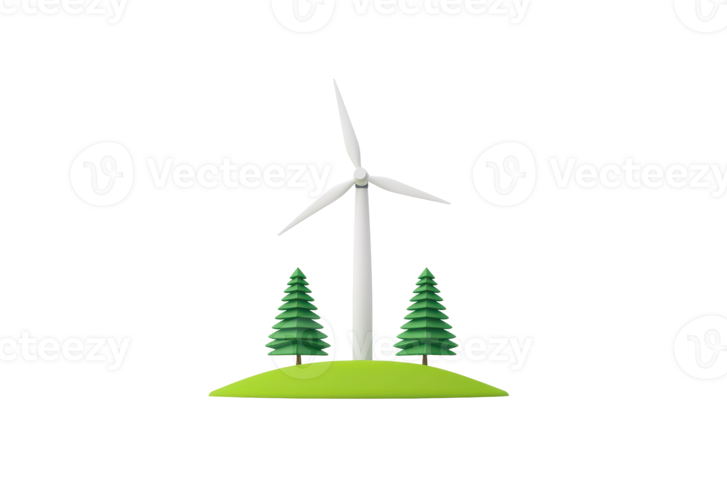 A wind turbine stands on a green hill, flanked by two trees, symbolizing renewable energy and environmental sustainability. png