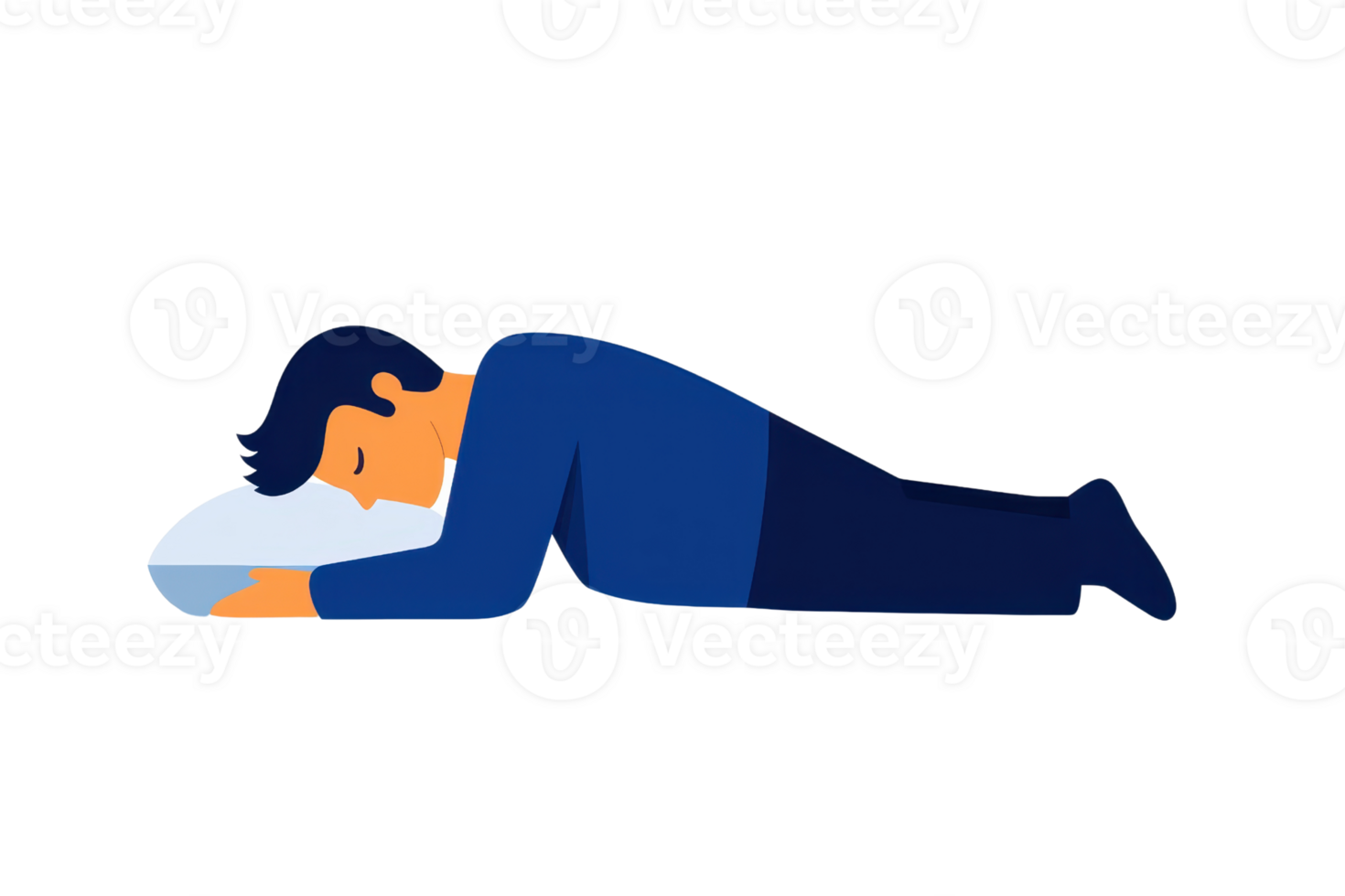 A person is sleeping peacefully on a pillow, positioned face down with arms tucked under their head. png