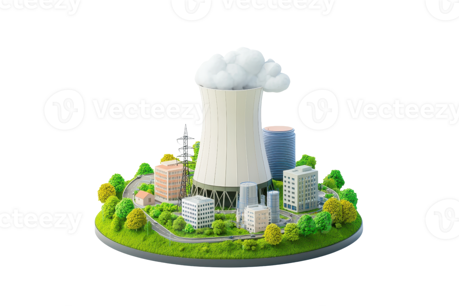 A miniature model of a nuclear power plant surrounded by buildings and greenery, featuring a cooling tower emitting clouds. png