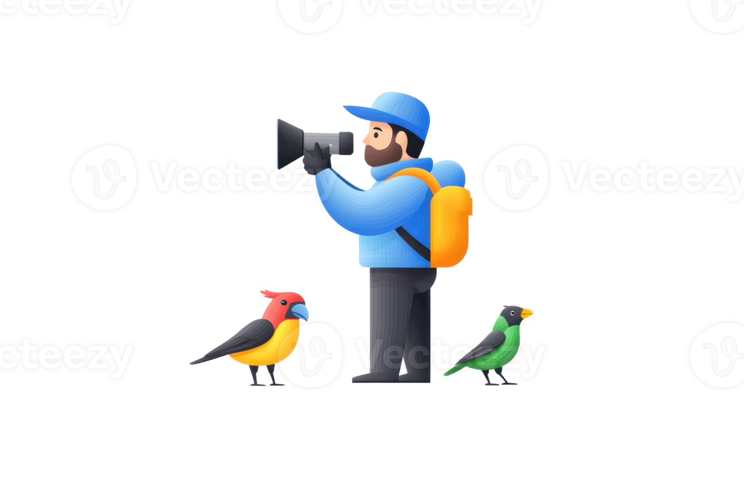 A photographer capturing images of birds with a camera, accompanied by two colorful birds beside him. png