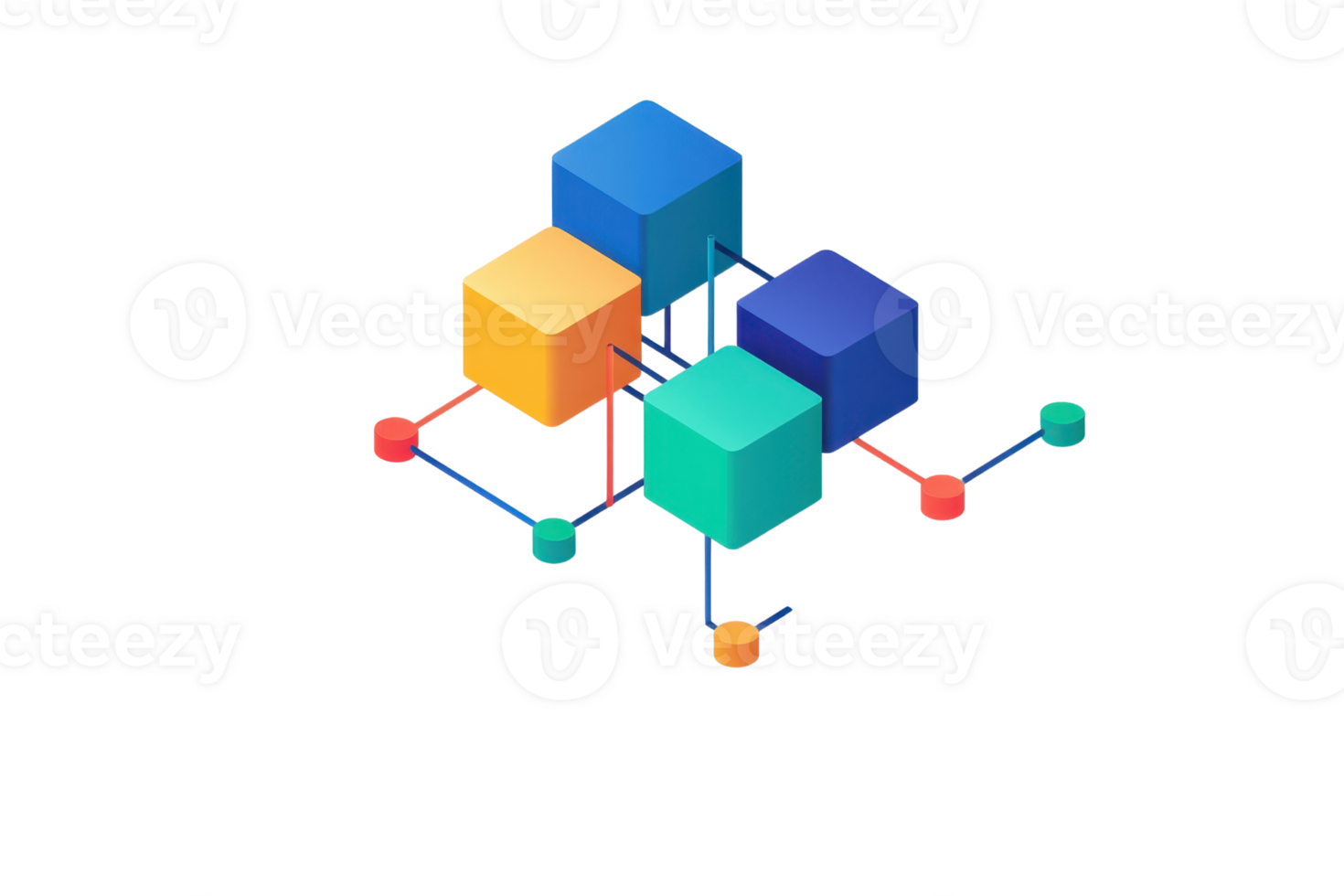 A vibrant arrangement of colorful 3D cubes interconnected by lines, showcasing a modern geometric design. png