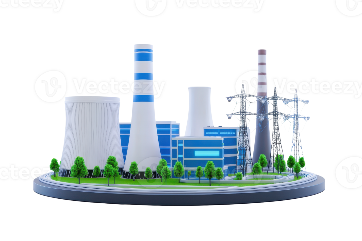 A model of a power plant featuring cooling towers, a central building, and power lines, showcasing modern energy infrastructure. png