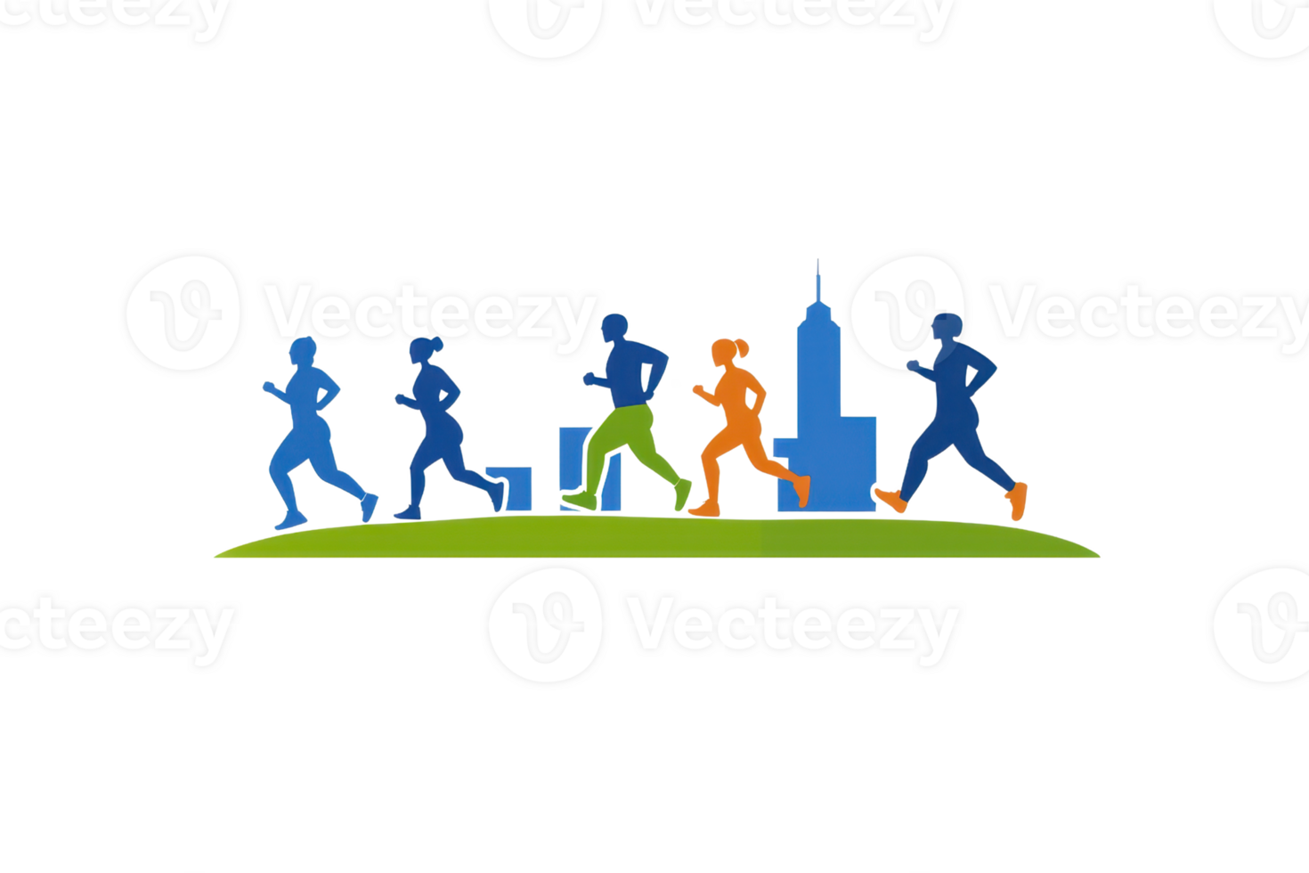 A dynamic illustration of runners in motion, showcasing various colors and styles, with a city skyline in the background. png
