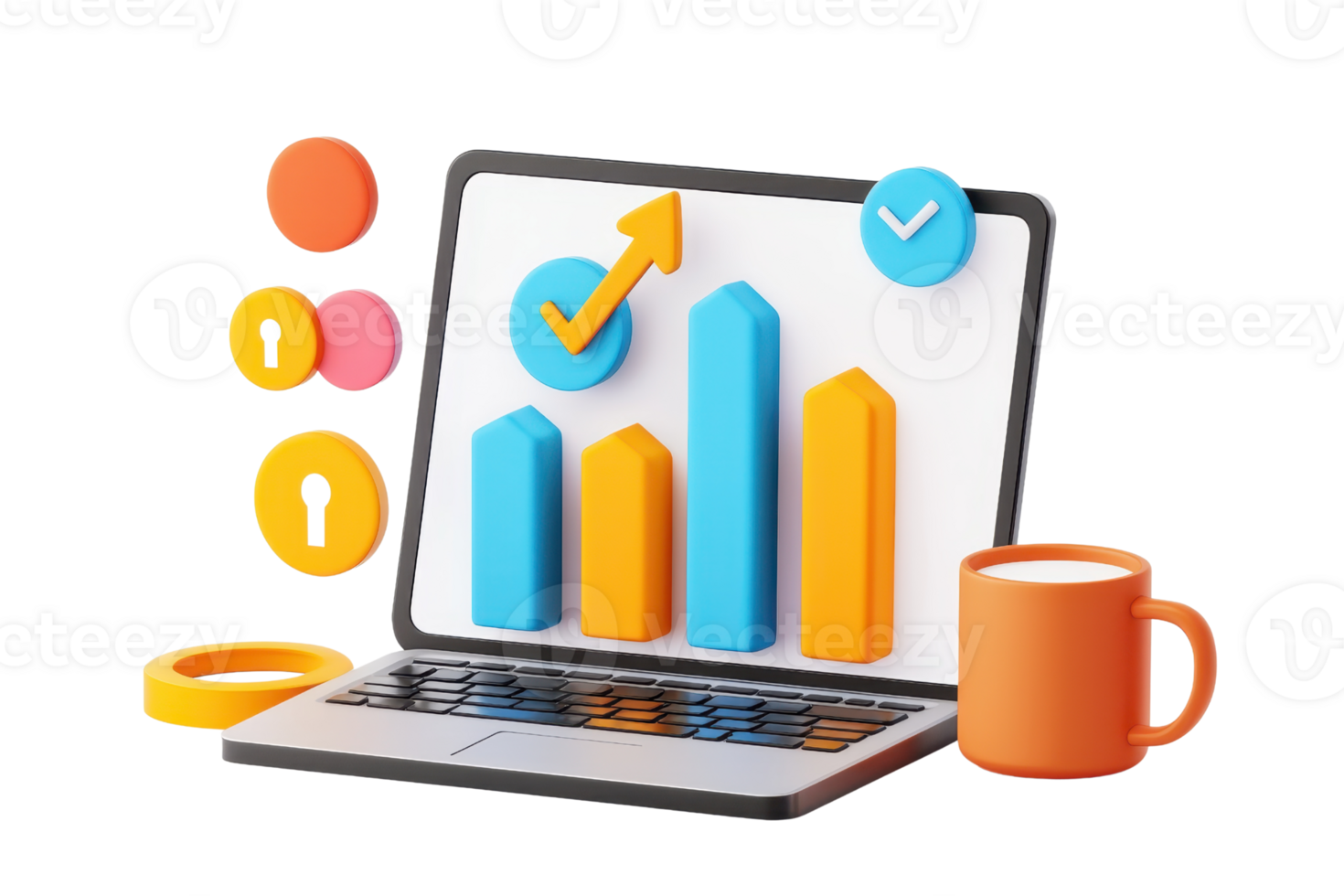 A laptop displaying colorful bar graphs and icons representing data analytics and progress. png