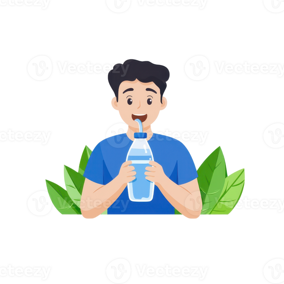 A person is drinking water from a bottle while smiling, surrounded by green leaves, showcasing hydration and well-being. png